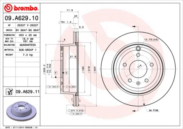 Tarcza hamulcowa tył 09.A629.11  BREMBO